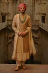 Buy_Nitika Gujral_Gold Tussar, Silk, Cotton Embroidery, Zari, Beads Tonal Sherwani Set _at_Aza_Fashions