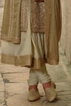 Buy_Nitika Gujral_Olive Green Silk, Chanderi, Cotton Embroidery, Flower Butti Work Sherwani Set _Online_at_Aza_Fashions