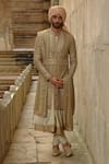Buy_Nitika Gujral_Olive Green Silk, Chanderi, Cotton Embroidery, Flower Butti Work Sherwani Set _at_Aza_Fashions