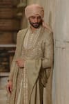 Buy_Nitika Gujral_Olive Green Silk, Chanderi, Cotton Embroidery, Flower Butti Work Sherwani Set 