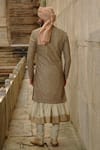 Nitika Gujral_Olive Green Silk, Chanderi, Cotton Embroidery, Flower Butti Work Sherwani Set _Online_at_Aza_Fashions