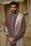 Nitika Gujral_Burgundy Tissue, Silk, Modal, Satin Embroidery, Beads, Tonal Sherwani Set _at_Aza_Fashions