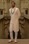 Shop_Nitika Gujral_Ivory Silk, Cotton Embroidery, Beads, Metallic Thread Tonal Sherwani Set _Online_at_Aza_Fashions
