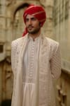 Shop_Nitika Gujral_Cream Silk, Chanderi, Cotton Embroidery, Zari Flower Butti Work Sherwani Set _Online_at_Aza_Fashions