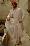 Buy_Nitika Gujral_Cream Silk, Chanderi, Cotton Embroidery, Zari Flower Butti Work Sherwani Set _Online_at_Aza_Fashions