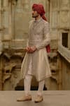 Shop_Nitika Gujral_Gold Brocade, Cotton, Silk Embroidery, Beads, Zari Floral Sherwani Set _Online_at_Aza_Fashions