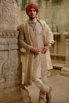Buy_Nitika Gujral_Gold Brocade, Cotton, Silk, Tissue Embroidery, Beads, Floral Sherwani Set _at_Aza_Fashions