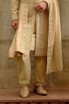 Buy_Nitika Gujral_Gold Silk, Chanderi, Cotton Embroidery, Beads Tonal Sherwani Set _Online_at_Aza_Fashions
