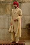 Buy_Nitika Gujral_Gold Silk, Chanderi, Cotton Embroidery, Beads Tonal Sherwani Set _at_Aza_Fashions