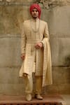 Nitika Gujral_Gold Silk, Chanderi, Cotton Embroidery, Beads Tonal Sherwani Set _at_Aza_Fashions