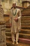 Buy_Nitika Gujral_Cream Taffeta, Silk, Cotton Metallic Thread, Embroidery, Floral Sherwani Set _at_Aza_Fashions