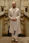 Buy_Nitika Gujral_Beige Silk, Cotton, Chanderi Embroidery, Beads Motif Sherwani Set _at_Aza_Fashions