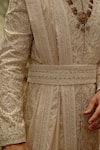 Nitika Gujral_Beige Silk, Cotton, Chanderi Embroidery, Beads Motif Sherwani Set _at_Aza_Fashions