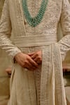 Nitika Gujral_Ivory Silk, Brocade, Cotton Embroidery, Beads, Pearls Tonal Sherwani Set _Online_at_Aza_Fashions