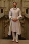 Buy_Nitika Gujral_Gray Silk, Cotton, Lycra Zari, Sequins Geometric Work Sherwani Set _at_Aza_Fashions