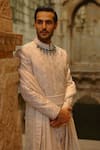 Shop_Nitika Gujral_Gray Silk, Cotton, Lycra Zari, Sequins Geometric Work Sherwani Set _Online_at_Aza_Fashions