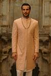 Shop_Nitika Gujral_Peach Silk, Cotton, Lycra Embroidery, Beads Tonal Sherwani Set _Online_at_Aza_Fashions