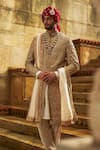 Buy_Nitika Gujral_Gold Dupion, Silk, Cotton Embroidery, Metallic Thread, Motif Sherwani Set _Online_at_Aza_Fashions