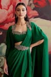 Shop_Parul And Preyanka_Green Crepe Beads, Zari, Embroidery Open Neck Panna Pre-draped Saree With Cape _Online_at_Aza_Fashions