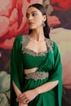 Parul And Preyanka_Green Crepe Beads, Zari, Embroidery Open Neck Panna Pre-draped Saree With Cape _at_Aza_Fashions