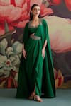 Buy_Parul And Preyanka_Green Crepe Beads, Zari, Embroidery Open Neck Panna Pre-draped Saree With Cape 