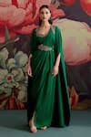 Shop_Parul And Preyanka_Green Crepe Beads, Zari, Embroidery Open Neck Panna Pre-draped Saree With Cape 