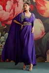 Shop_Parul And Preyanka_Purple Crepe Beads, Zari Open Neck Jamini Embroidered Pre-draped Saree With Cape 