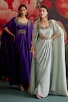 Parul And Preyanka_Sky Blue Crepe Beads, Zari, Embroidery Open Asmani Pre-draped Saree With Cape _Online_at_Aza_Fashions