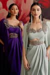 Buy_Parul And Preyanka_Sky Blue Crepe Beads, Zari, Embroidery Open Asmani Pre-draped Saree With Cape _Online_at_Aza_Fashions