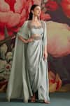 Buy_Parul And Preyanka_Sky Blue Crepe Beads, Zari, Embroidery Open Asmani Pre-draped Saree With Cape 