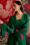 Parul And Preyanka_Green Crepe Fabric Flowers V-neck Panna Sleeve Embroidered Jacket Set _Online_at_Aza_Fashions
