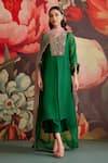 Parul And Preyanka_Emerald Green Silk Organza, Silk, Crepe Embroidery, Panna Yoke Kaftan Kurta Set _Online_at_Aza_Fashions