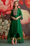 Shop_Parul And Preyanka_Emerald Green Silk Organza, Silk, Crepe Embroidery, Panna Yoke Kaftan Kurta Set _at_Aza_Fashions