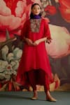 Buy_Parul And Preyanka_Red Organza, Crepe, Embroidery, Zari, Pom-poms Ruby Kaftan Kurta Set _at_Aza_Fashions