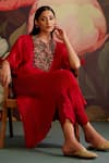 Parul And Preyanka_Red Organza, Crepe, Embroidery, Zari, Pom-poms Ruby Kaftan Kurta Set _Online_at_Aza_Fashions