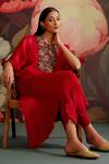 Buy_Parul And Preyanka_Red Organza, Crepe, Embroidery, Zari, Pom-poms Ruby Kaftan Kurta Set _Online_at_Aza_Fashions