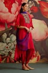 Shop_Parul And Preyanka_Red Organza, Crepe, Embroidery, Zari, Pom-poms Ruby Kaftan Kurta Set _at_Aza_Fashions