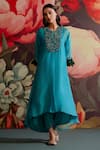 Shop_Parul And Preyanka_Blue Silk Organza, Silk, Crepe Embroidery, Zari, Feroza Kaftan Kurta Set _Online_at_Aza_Fashions