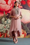 Buy_Parul And Preyanka_Peach Silk Organza, Crepe Embroidery, Zari Round Neck Taabi Kaftan Kurta Set _at_Aza_Fashions