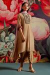 Parul And Preyanka_Gold Organza, Embroidery, Zari Split Sunela Floral Kaftan Kurta Set _Online_at_Aza_Fashions