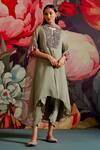 Buy_Parul And Preyanka_Olive Green Organza, Crepe, Prasiolite Yoke Kaftan Kurta Set _Online_at_Aza_Fashions