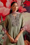 Shop_Parul And Preyanka_Olive Green Organza, Crepe, Prasiolite Yoke Kaftan Kurta Set _Online_at_Aza_Fashions