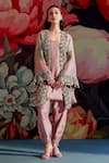 Buy_Parul And Preyanka_Peach Chanderi, Silk Organza Embroidery, Beads, Pearls, Aroo Jacket And Kurta Set _at_Aza_Fashions