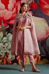 Shop_Parul And Preyanka_Pink Silk Organza Round Neck Banafshi Floral Embroidered Cape Set _at_Aza_Fashions