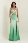 Buy_Pinup By Astha_Olive Green Satin, Georgette Sweetheart Neck Tuscany Front Cut Out Gown _at_Aza_Fashions