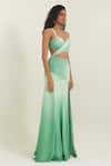 Shop_Pinup By Astha_Olive Green Satin, Georgette Sweetheart Neck Tuscany Front Cut Out Gown _Online_at_Aza_Fashions