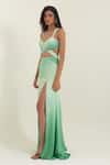 Pinup By Astha_Olive Green Satin, Georgette Sweetheart Neck Tuscany Front Cut Out Gown _at_Aza_Fashions