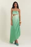 Buy_Pinup By Astha_Olive Green Satin, Georgette Sweetheart Neck Salerno Ruched Gown _at_Aza_Fashions
