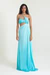 Buy_Pinup By Astha_Aqua Satin, Georgette Halter Neck Palermo Cut Out Gown _at_Aza_Fashions
