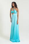 Pinup By Astha_Aqua Satin, Georgette Halter Neck Palermo Cut Out Gown _Online_at_Aza_Fashions
